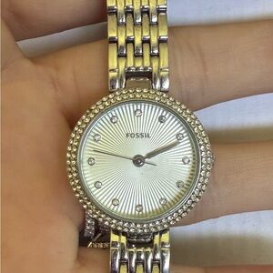 Fossil Silver Watch with Crystal Bezel and Link Bracelet